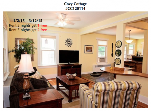 Interior of cozy cottage with rental deals for 1/2/15-3/2/15