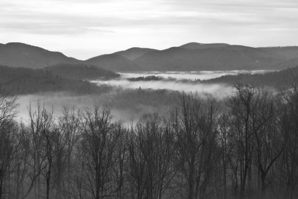 Black and white scene of the Blue Ridge Mountains