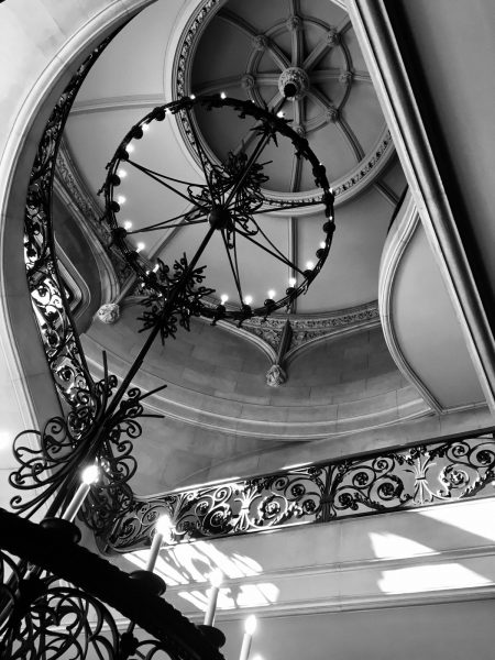 Black and white photo of the spiral staircase in the Biltmore House