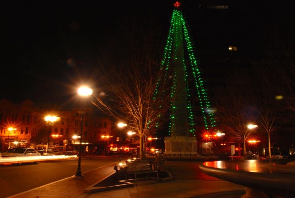 Scene of downtown Asheville at Christmas time
