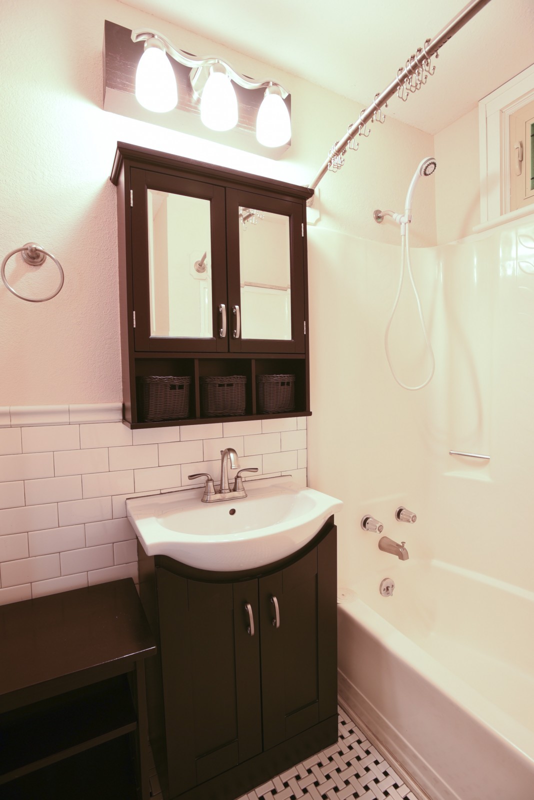 Sink and shower in bathroom