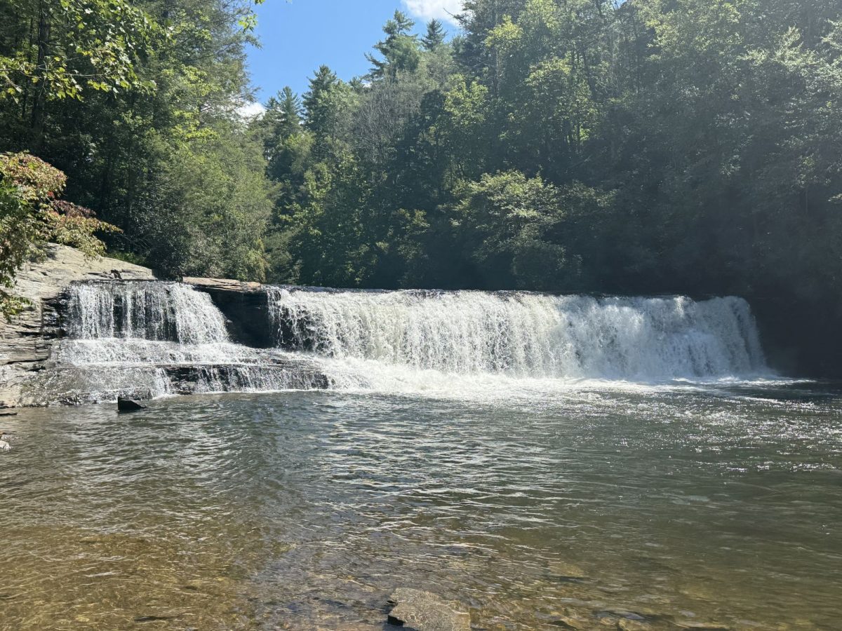 Hooker Falls flowing into a calm pool in DuPont State Recreational Forest near Asheville North Carolina on a sunny spring day