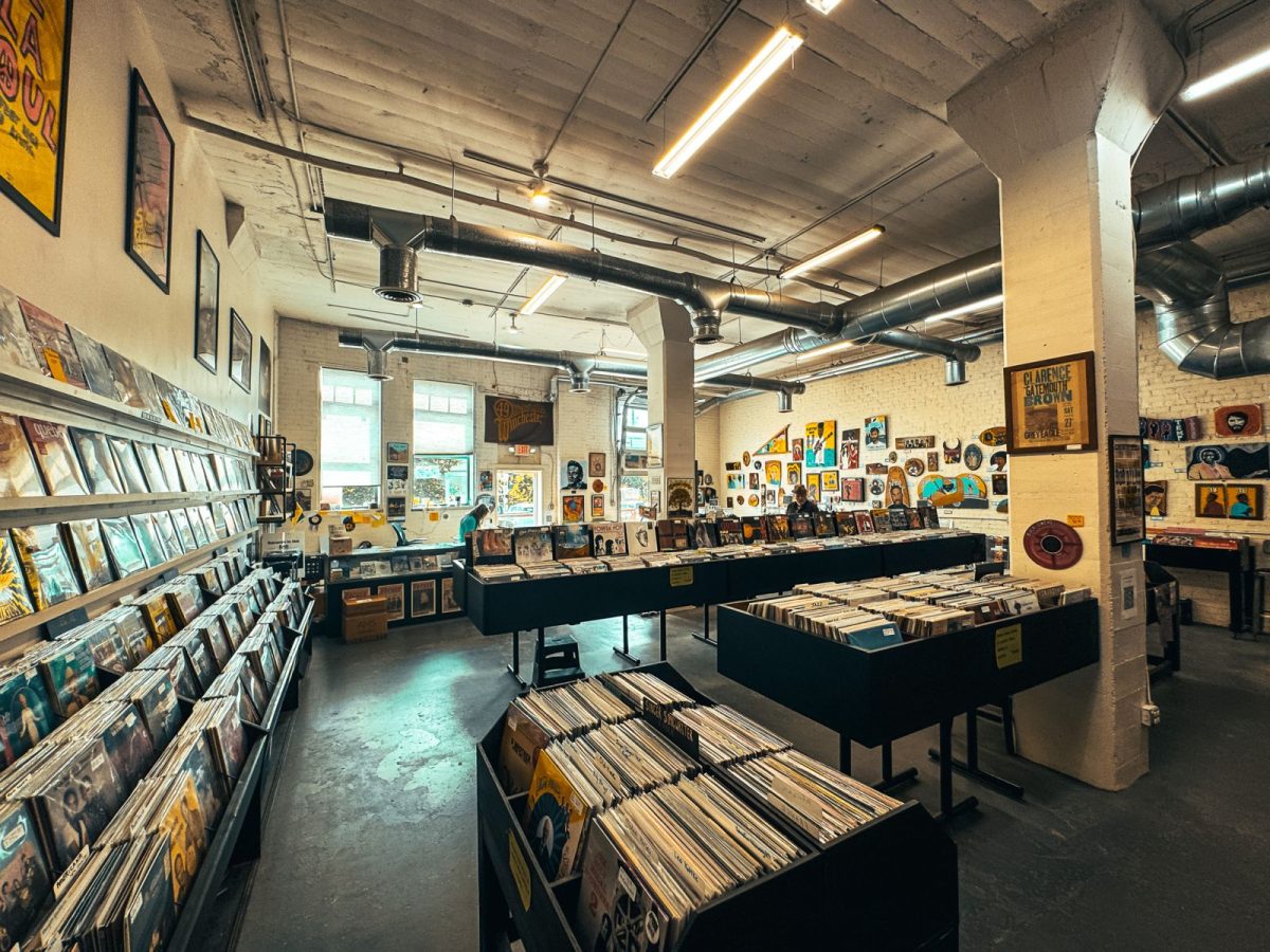 Interior of Records in the RAD in Asheville, North Carolina, featuring rows of vinyl records, industrial-style architecture, local artwork, and a spacious music-filled atmosphere in the River Arts District.