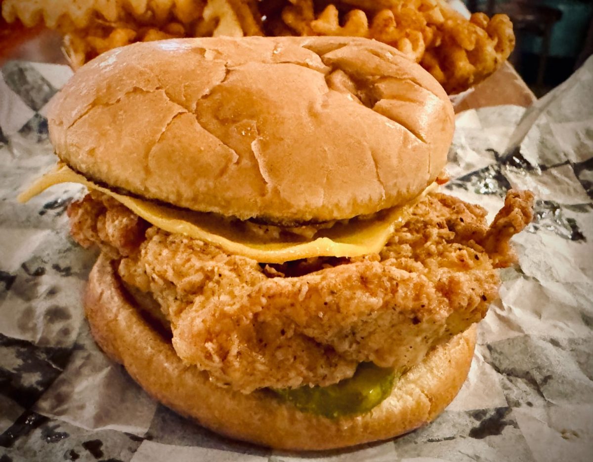Close-up of Buxton Chicken Palace's Original Fried Chicken Sandwich with crispy fried chicken, melted cheese, pickles, and a soft bun, served with waffle fries in downtown Asheville.