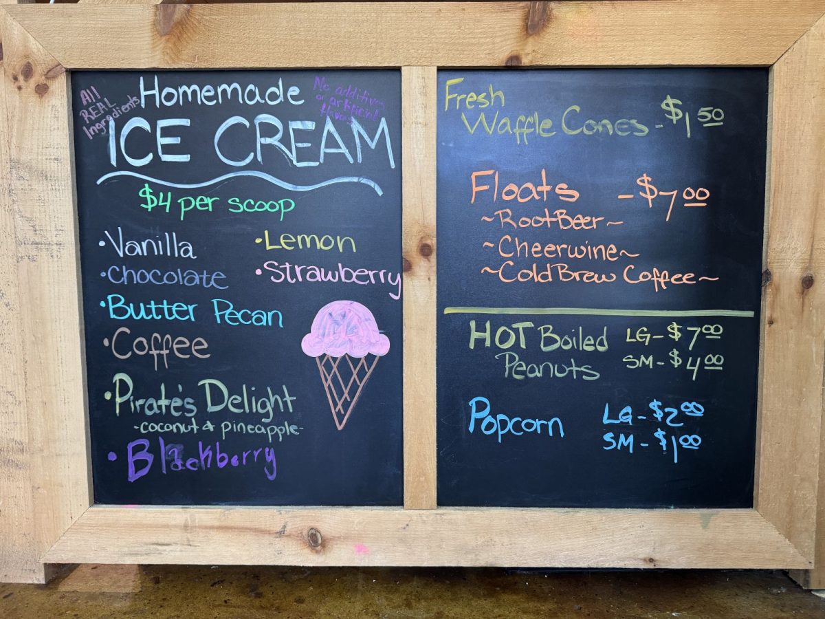 A hand-lettered chalkboard menu at The BoBo Market in Marshall, North Carolina, featuring homemade ice cream flavors, fresh waffle cones, floats, popcorn, and hot boiled peanuts.