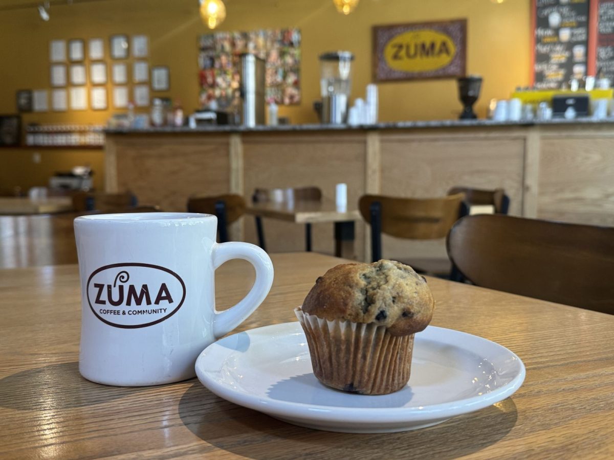 A fresh blueberry muffin on a white plate sits beside a Zuma Coffee mug inside Zuma Coffee in downtown Marshall, North Carolina, with the warm café interior softly blurred in the background.