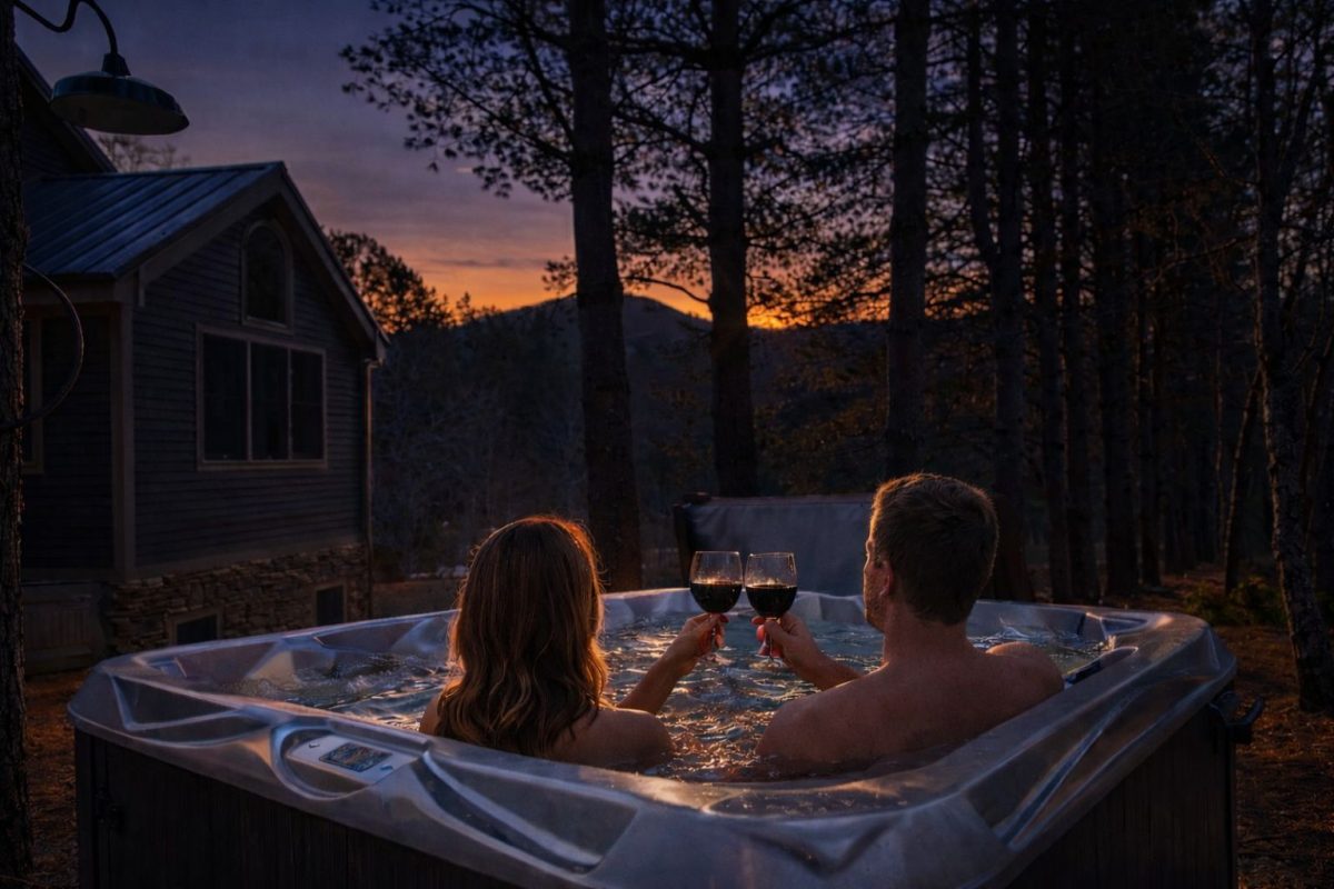 Couple toasting glasses of red wine while relaxing in a private hot tub at a Yonder luxury vacation rental near Asheville, North Carolina, with a mountain sunset in the background.