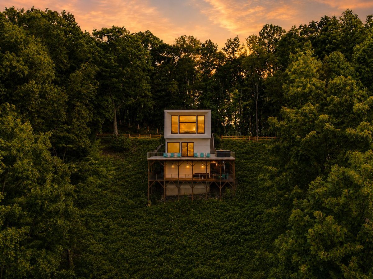 Aerial view of Telescopic, a contemporary luxury vacation home in Marshall, North Carolina, glowing at sunset above a lush forested hillside with expansive decks and panoramic Blue Ridge Mountain surroundings.