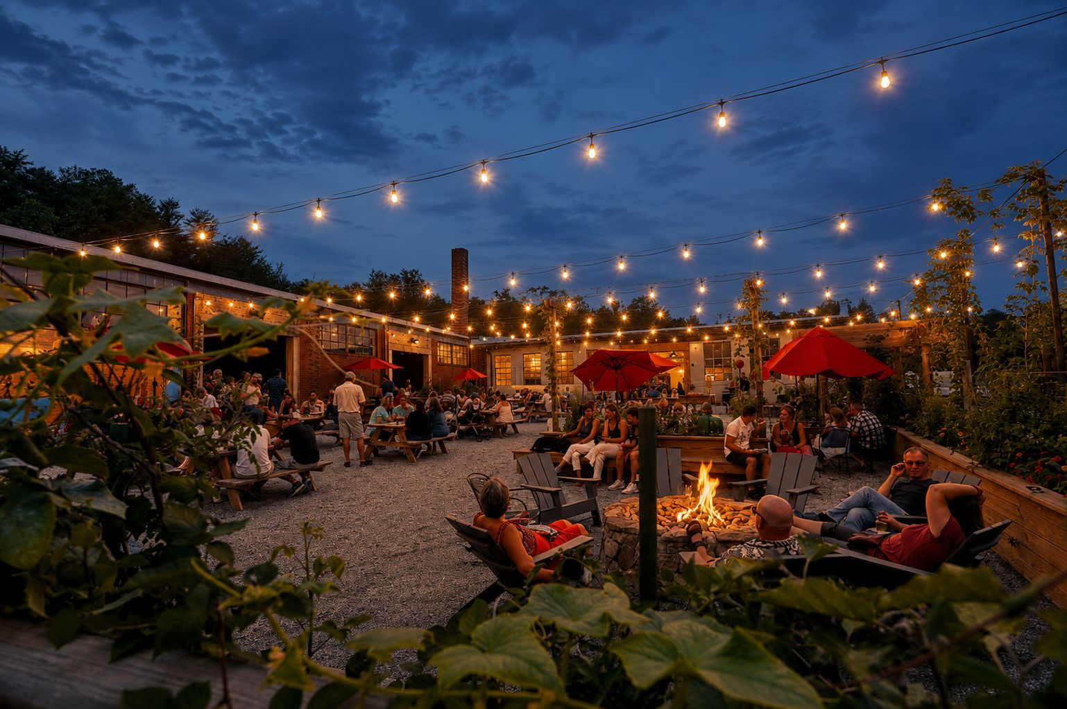 Evening gathering at an outdoor brewery courtyard with glowing string lights, red umbrellas, a lit stone firepit, and guests relaxing among lush greenery.