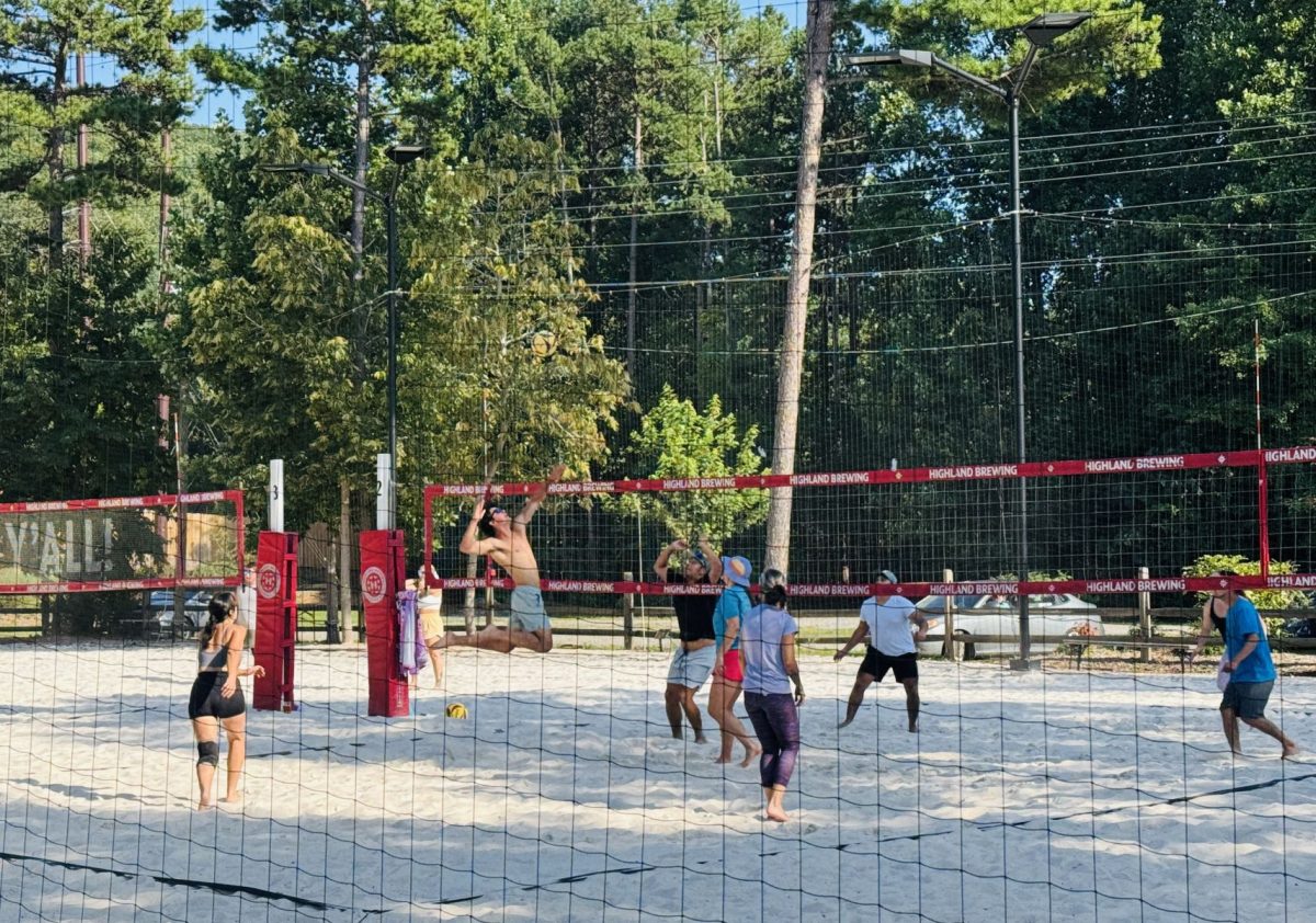 Friends play sand volleyball on the outdoor courts at Highland Brewing Company in Asheville, surrounded by towering pine trees on a sunny summer afternoon.