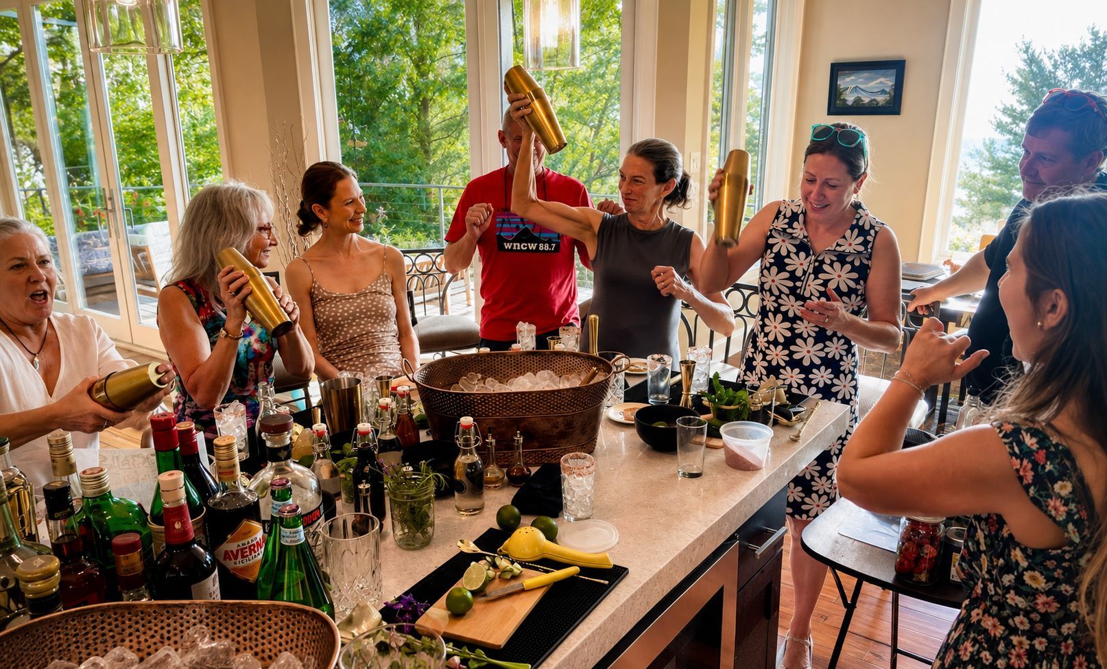 Group of adults at a bright kitchen island cheerfully shaking gold cocktail shakers while making drinks with bottles and ice on the counter nearby.