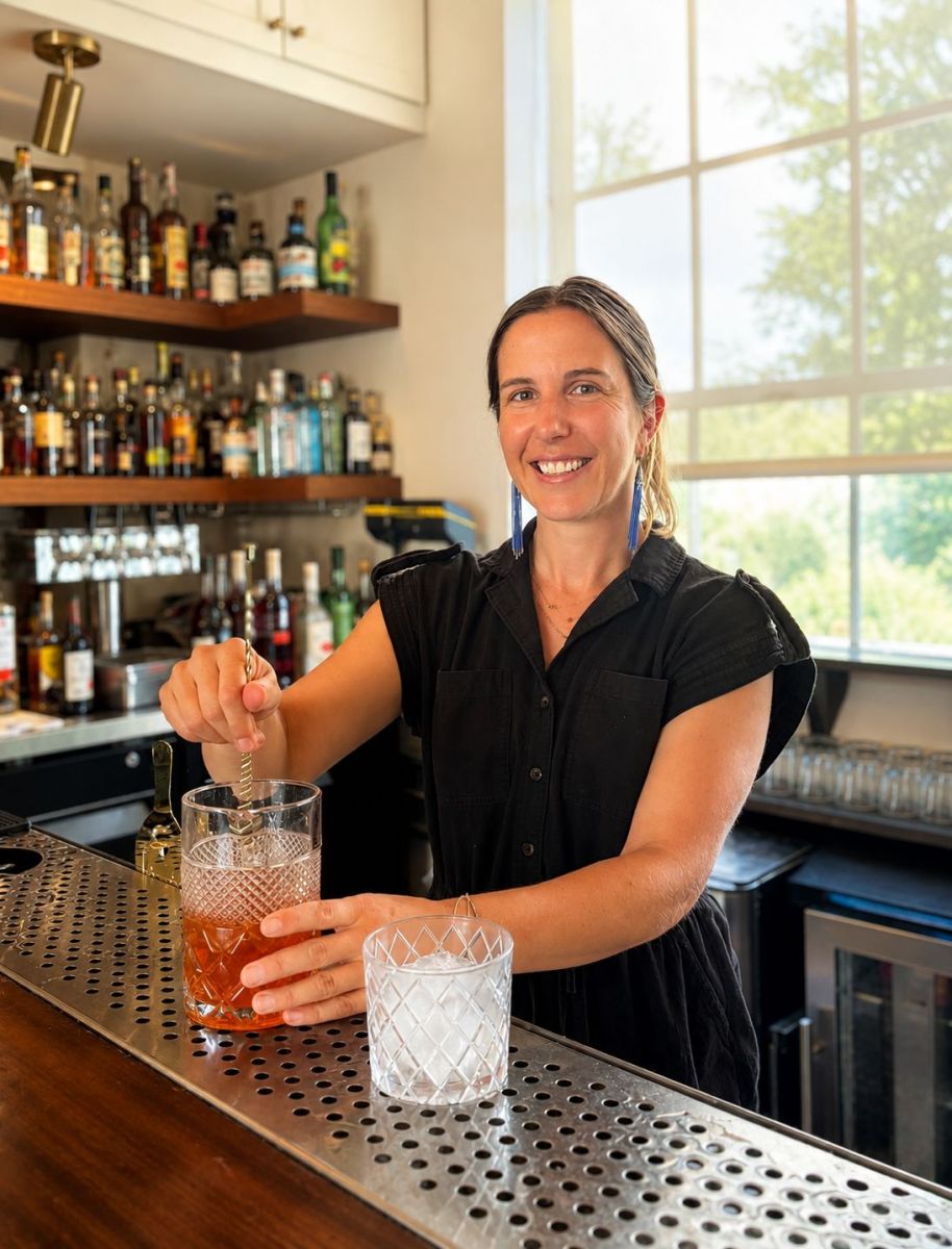 Smiling bartender in a black shirt stirs a cocktail in a crystal glass at a well-stocked bar.