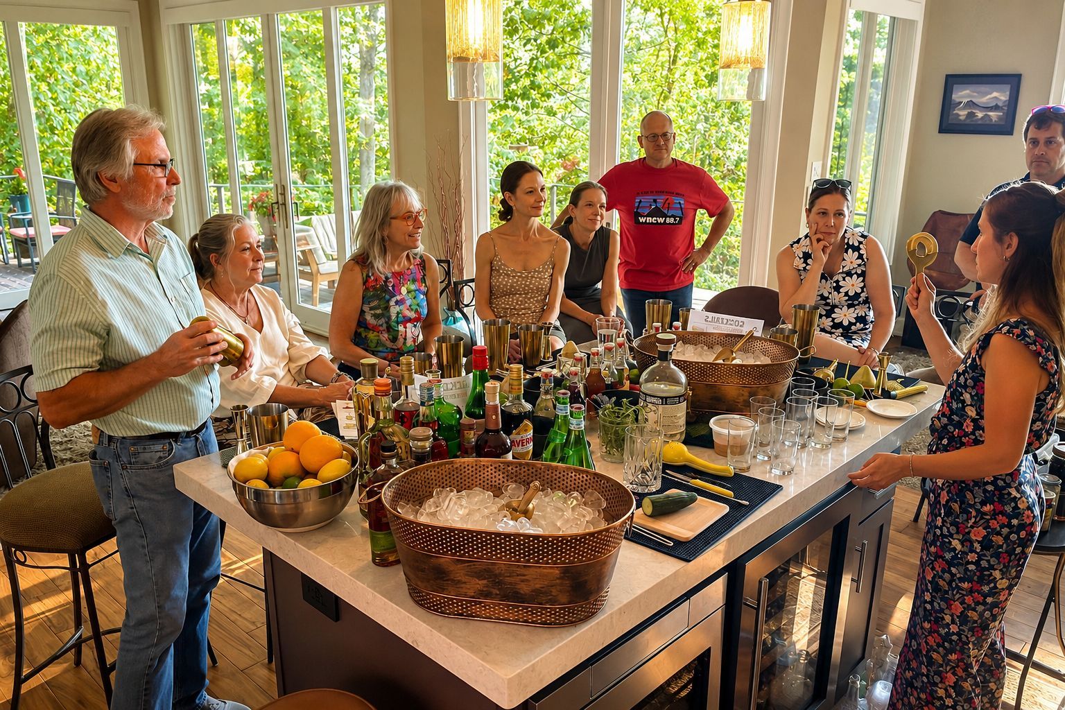 Group of adults gathered around a bright kitchen island with bottles, ice, and fruit, listening to a woman in a floral dress speak.