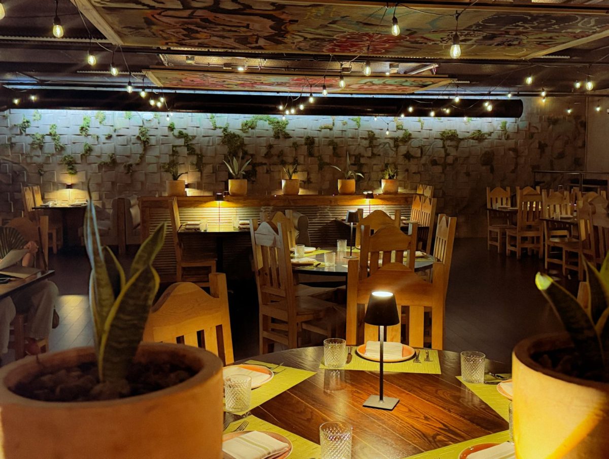 Warmly lit dining room at Xico Cocina de Fuego in Asheville with wood tables, plants and hanging lights.